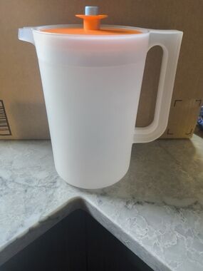 Tupperware Clear Pitcher With Orange Push Button Top